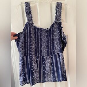 Old Navy White & Navy Smocked Babydoll Tank Top